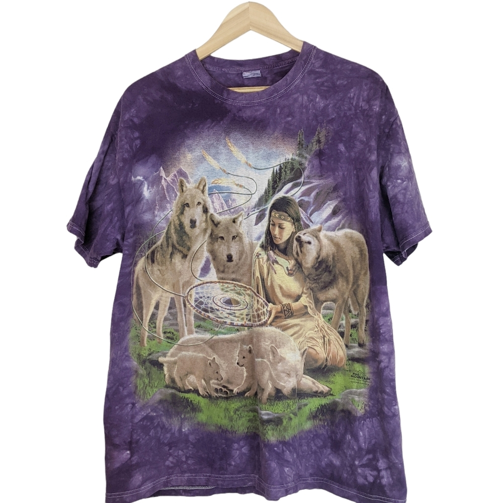 Vintage 2003 The Mountain Wolf Native American Girl Purple Tiedye Tshirt Size XL